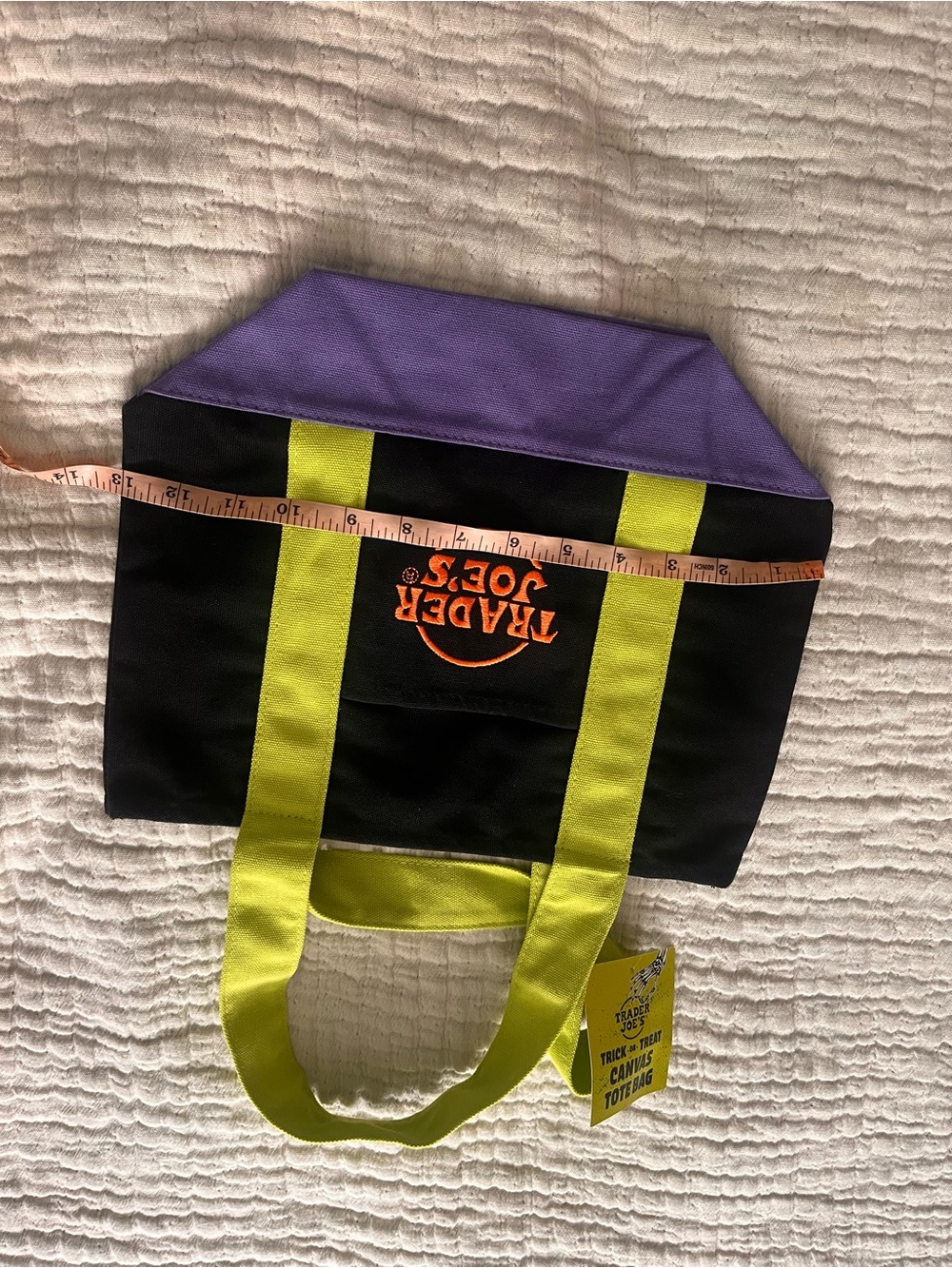 Trader Joe's Black Canvas Tote with Lime Handles and Purple Base - Picture 5 of 6